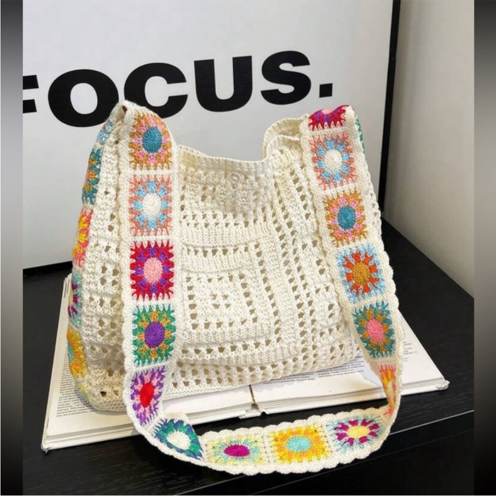 Handmade Crochet Shoulder Bag with Colorful Accents